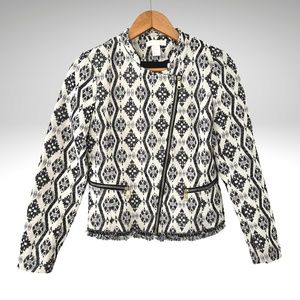 H&M Women's Black & White Tribal Aztec Print Moto Jacket Size Medium
